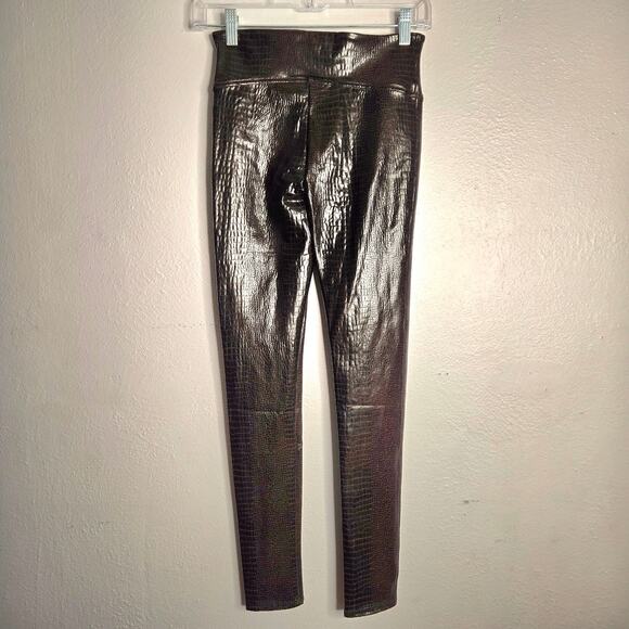 Spanx Faux Leather Croc Leggings Brown Black Size S Glossy Patent Animal Edgy - Picture 5 of 12